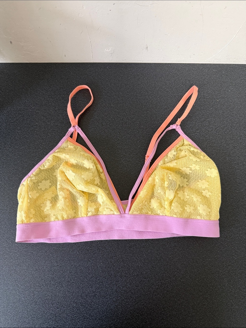 Colsie Yellow Lace Bralette with Pink Trim and Orange Straps
